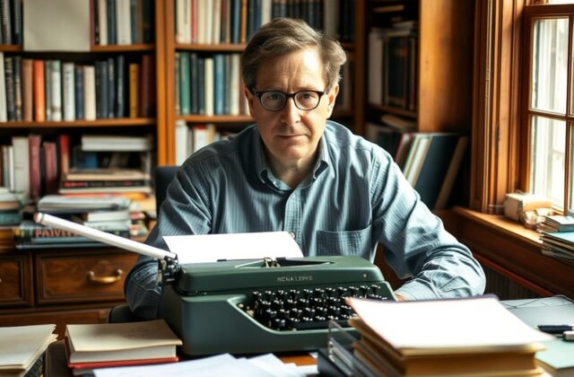 A thoughtful portrait of Michael Lewis, surrounded by books, with a backdrop of Wall Street, symbolizing his connection to fi