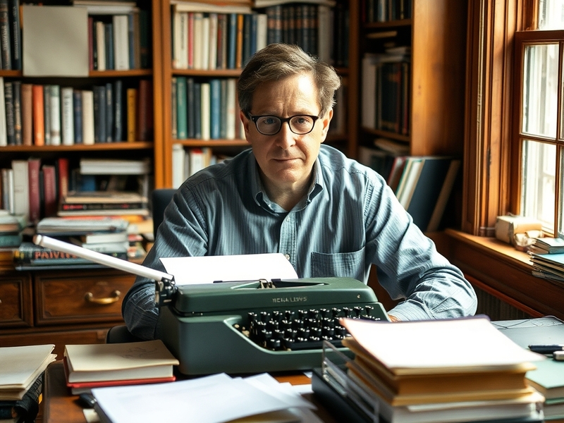 A thoughtful portrait of Michael Lewis, surrounded by books, with a backdrop of Wall Street, symbolizing his connection to fi