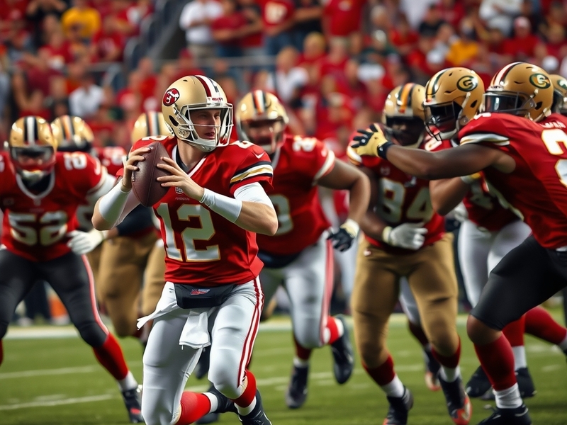 An intense moment in a football game, focusing on players in the red zone, with a packed stadium and bright lights, capturing