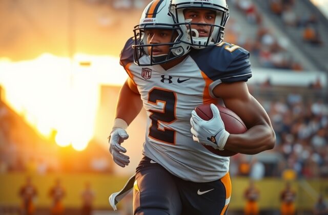 A dynamic action shot of George Holani running with the football during a game, showcasing his agility and determination agai