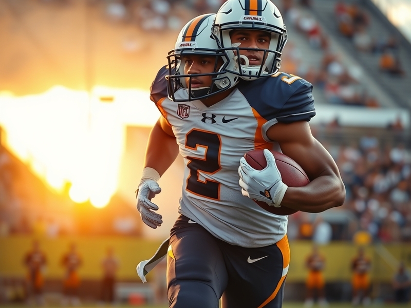 A dynamic action shot of George Holani running with the football during a game, showcasing his agility and determination agai
