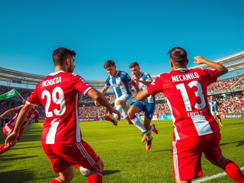 A vibrant stadium scene showcasing passionate fans of Pachuca and Necaxa, with colorful banners and flags creating an electri