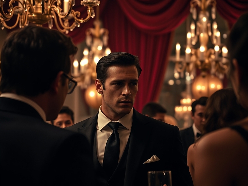 A dramatic scene from 'The Party', featuring Luke Evans in a tense moment at a lavishly decorated party setting, capturing th
