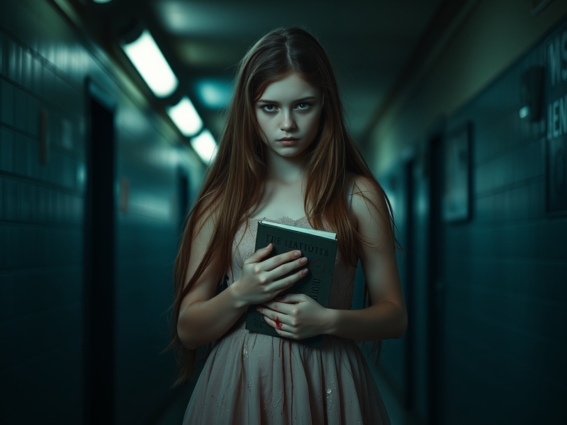 A dark, moody image of a high school prom scene, featuring a young woman with a distressed expression, symbolizing the themes