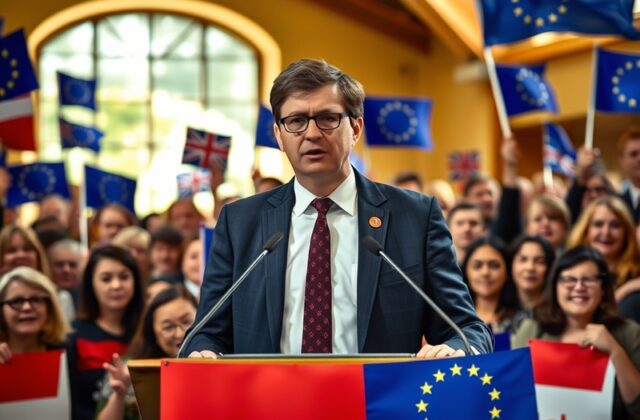 A portrait of Andy Burnham speaking at a public event, highlighting his engagement with local communities and EU issues.