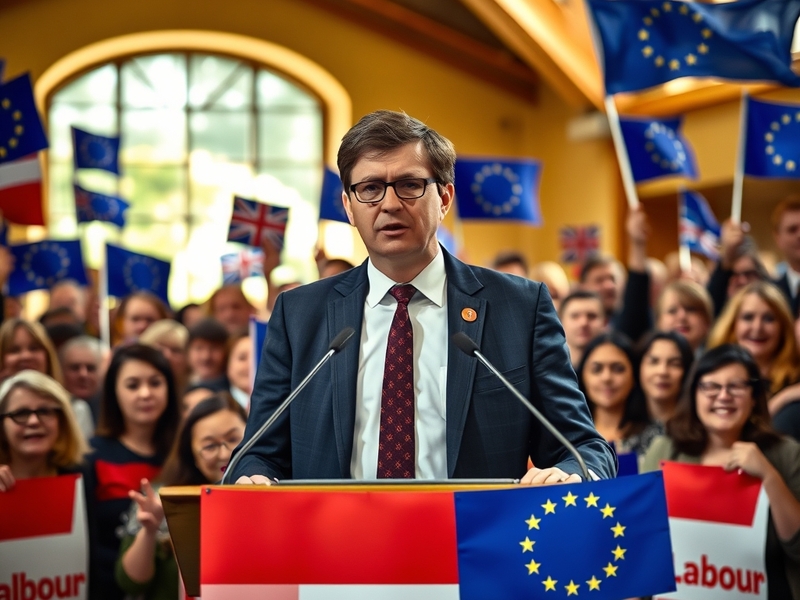 A portrait of Andy Burnham speaking at a public event, highlighting his engagement with local communities and EU issues.