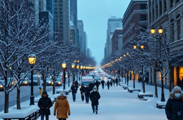 A winter landscape featuring snow-covered trees and a quiet street, evoking the calm and beauty of a snowy day.