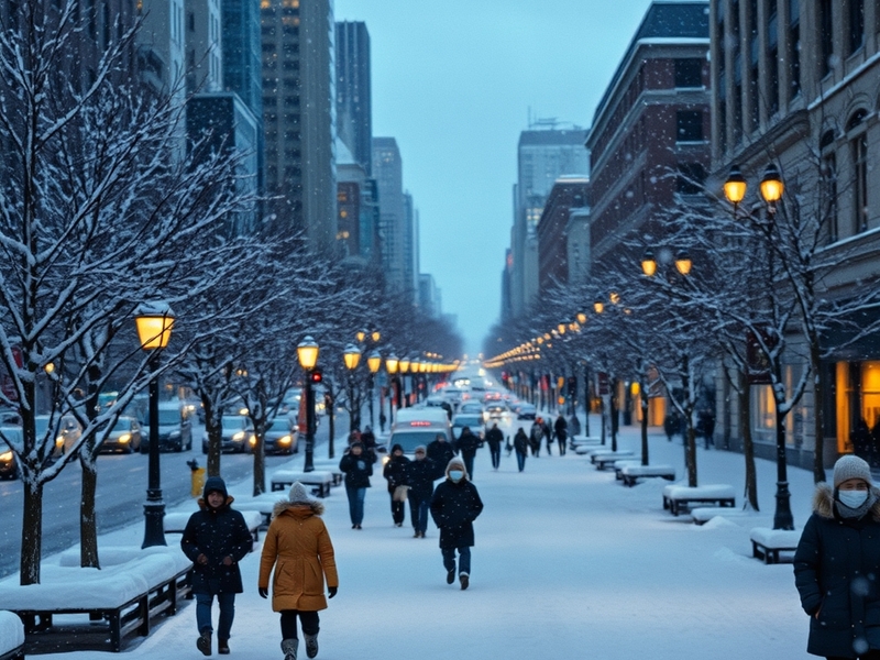 A winter landscape featuring snow-covered trees and a quiet street, evoking the calm and beauty of a snowy day.