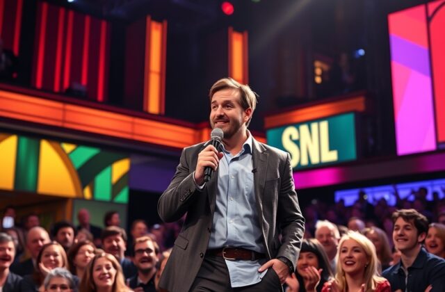 An image of Shane Gillis performing on stage during his SNL monologue, with bright stage lights illuminating his expressive g