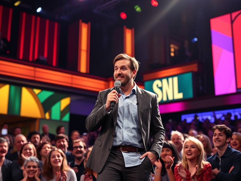 An image of Shane Gillis performing on stage during his SNL monologue, with bright stage lights illuminating his expressive g