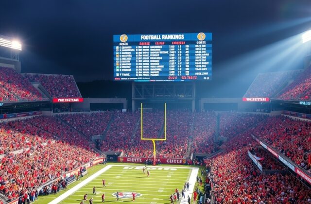 An action shot of a college football game, capturing players in dynamic motion on the field, with a vibrant crowd in the back