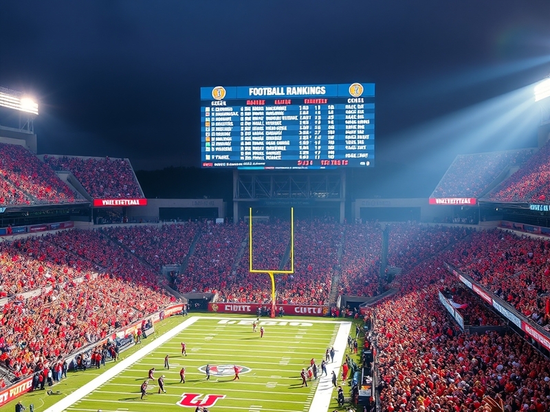 An action shot of a college football game, capturing players in dynamic motion on the field, with a vibrant crowd in the back