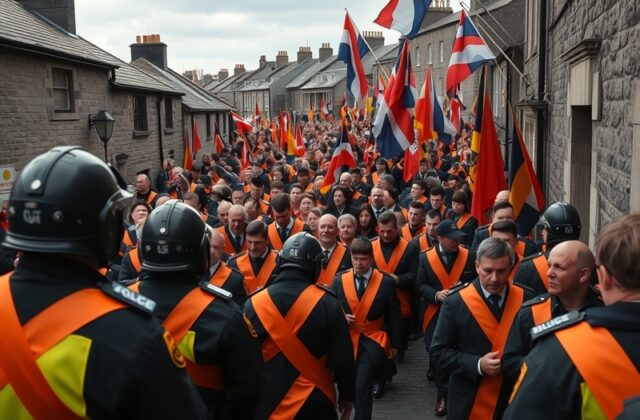 A tense scene during the Drumcree parade, featuring a mix of police presence and protestors, highlighting the conflict's emot
