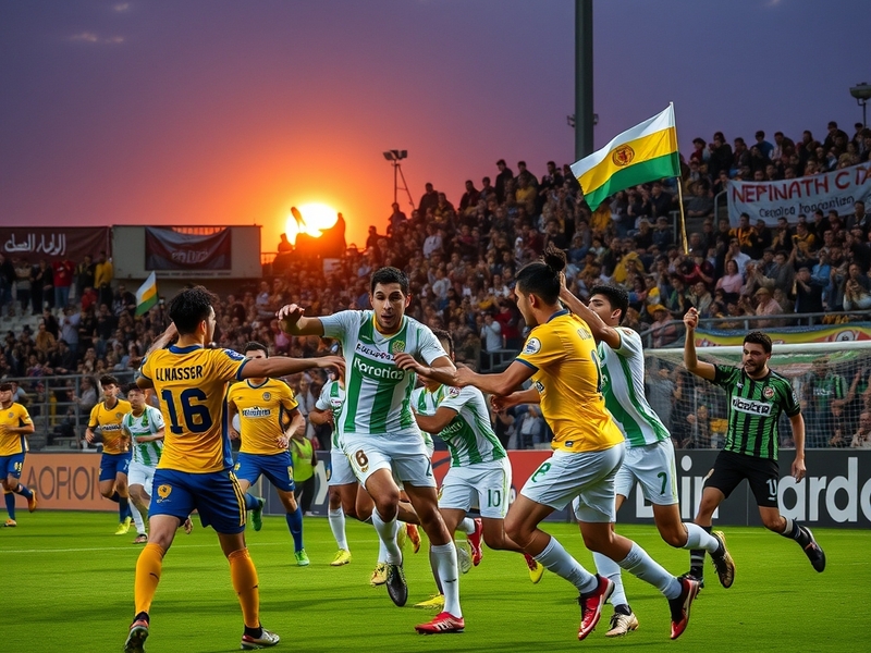 A dynamic shot of Al-Nassr and Neftchi Fergana players in action during their match, showcasing intense competition and team