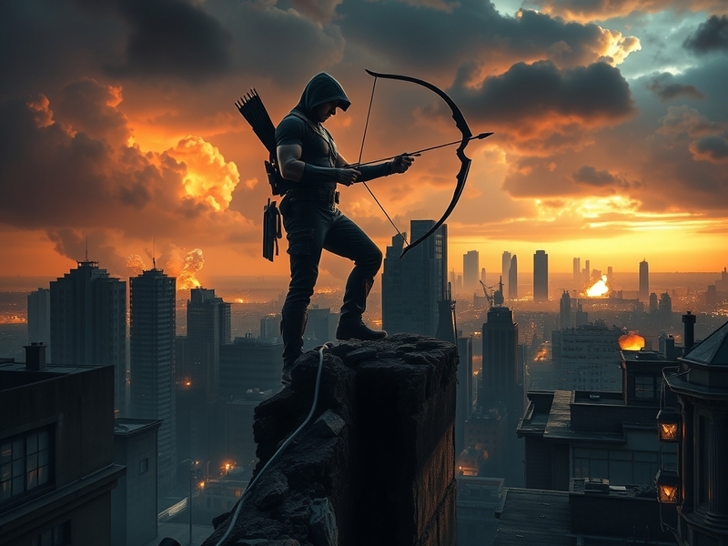 A dramatic image of Hawkeye aiming his bow, set against a darkened city skyline, capturing the essence of his character's det