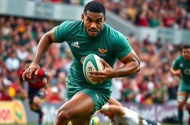 A dynamic action shot of Totoa Auvaa in a rugby match, showcasing his agility and focus on the field.