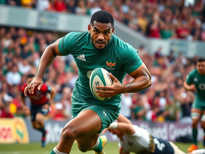 A dynamic action shot of Totoa Auvaa in a rugby match, showcasing his agility and focus on the field.