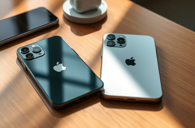 A sleek display of the iPhone 15 and iPhone 15 Pro showcasing their design, colors, and features in a modern setting.
