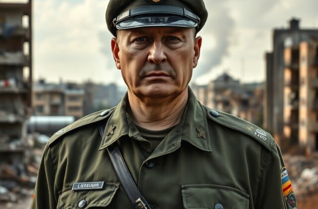 A portrait of Oleksandr Syrskyi in military uniform, set against a backdrop of military operations, conveying determination a