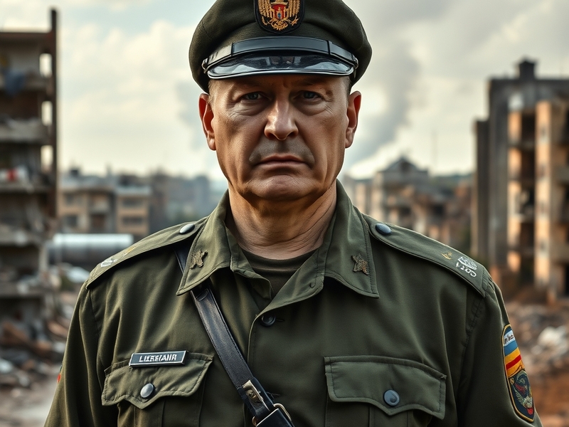 A portrait of Oleksandr Syrskyi in military uniform, set against a backdrop of military operations, conveying determination a