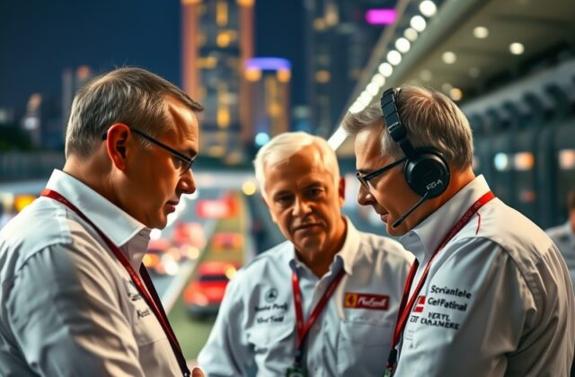 A vibrant image of the Singapore Grand Prix at night, showcasing the illuminated skyline and racing cars on the track, captur