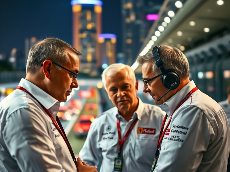 A vibrant image of the Singapore Grand Prix at night, showcasing the illuminated skyline and racing cars on the track, captur