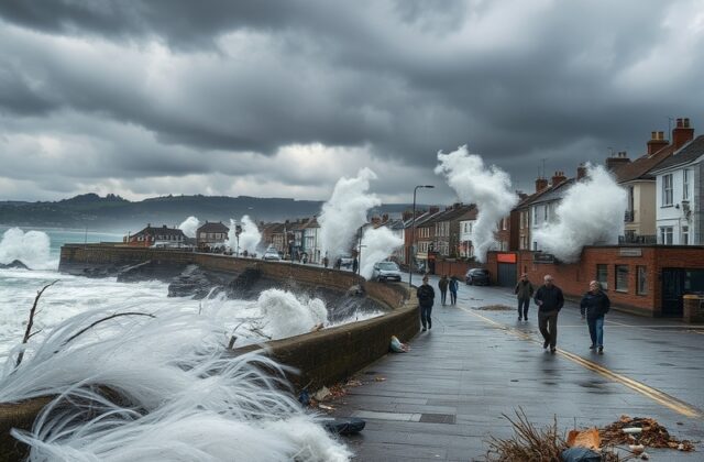 A dramatic image of dark storm clouds gathering over a coastal town, with trees swaying in strong winds, illustrating the imp
