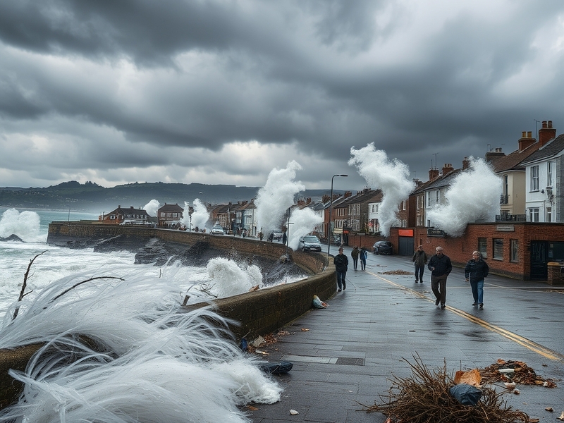 A dramatic image of dark storm clouds gathering over a coastal town, with trees swaying in strong winds, illustrating the imp