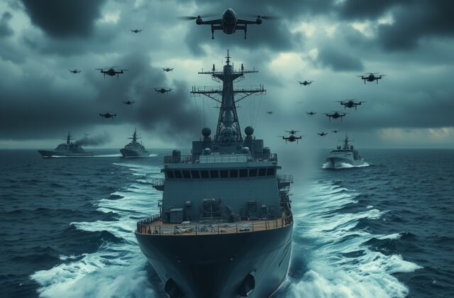 A dramatic image of a drone flying over the Black Sea, with ships in the foreground, illustrating the tense maritime environm