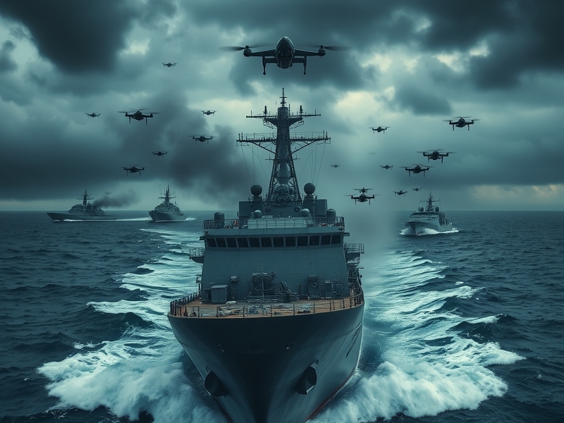 A dramatic image of a drone flying over the Black Sea, with ships in the foreground, illustrating the tense maritime environm