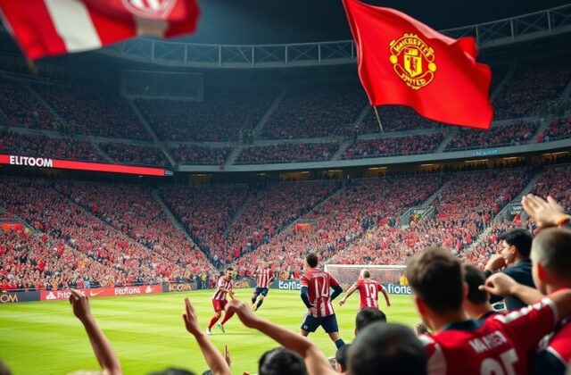 A dynamic image capturing a tense moment during an Atlético Madrid vs Manchester United match, showcasing passionate fans, pl