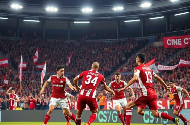 An action-packed football scene featuring RB Leipzig and PSV players in vibrant jerseys battling for the ball on a lush green