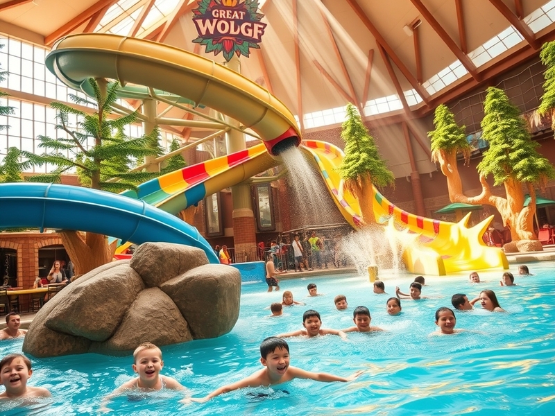 A vibrant indoor water park scene at Great Wolf Lodge, featuring families enjoying water slides and pools, colorful decoratio