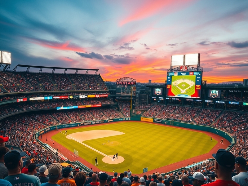 An action shot from a vibrant MLB game, showing players in dynamic motion, a packed stadium, and fans cheering enthusiastical