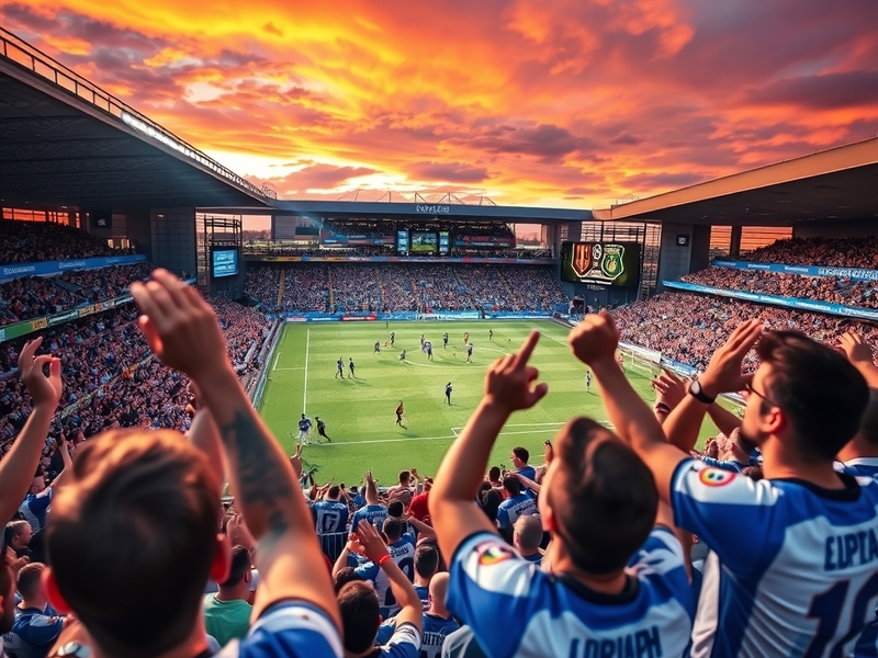 A vibrant stadium scene depicting a tense football match between Birmingham City and Preston North End, with fans cheering pa