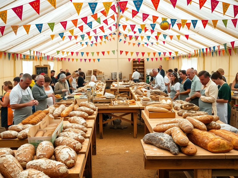 A vibrant scene from Bread Week on GBBO showcasing contestants crafting various types of bread, with flour-dusted surfaces an