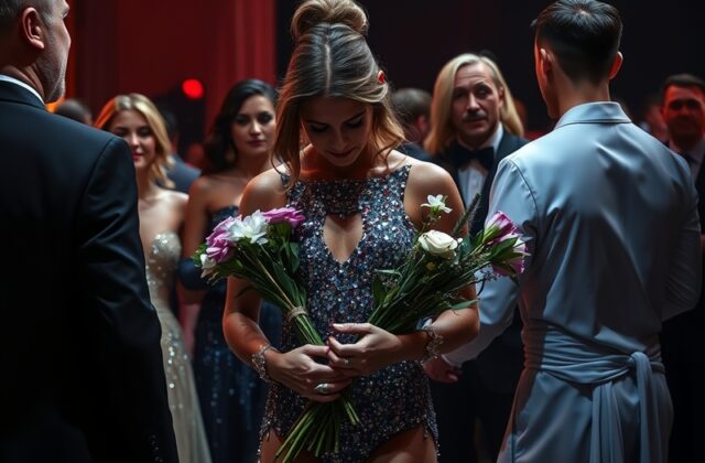An emotional moment during the elimination on Dancing With the Stars, featuring a couple embracing each other, with the audie