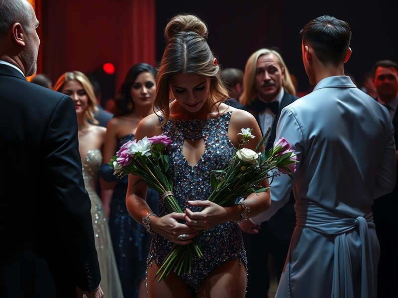 An emotional moment during the elimination on Dancing With the Stars, featuring a couple embracing each other, with the audie