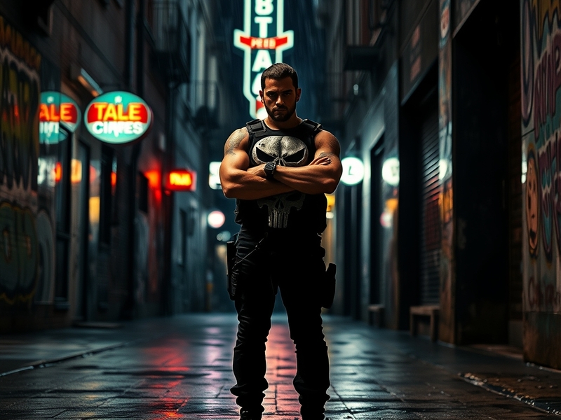 A dramatic illustration of the Punisher in action, showcasing his signature skull emblem and a gritty urban backdrop, evoking