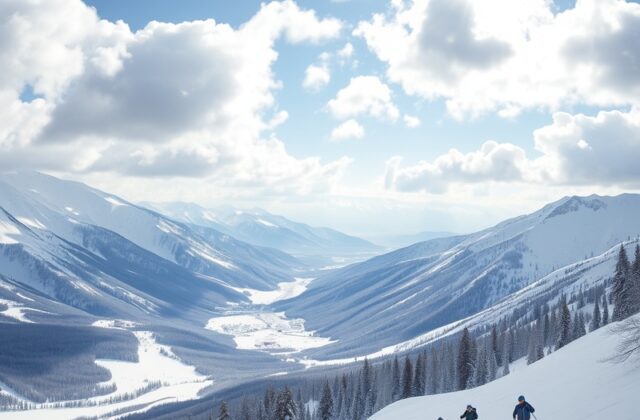 A stunning landscape of snow-covered mountains in Utah, with skiers enjoying the slopes under a clear blue sky.