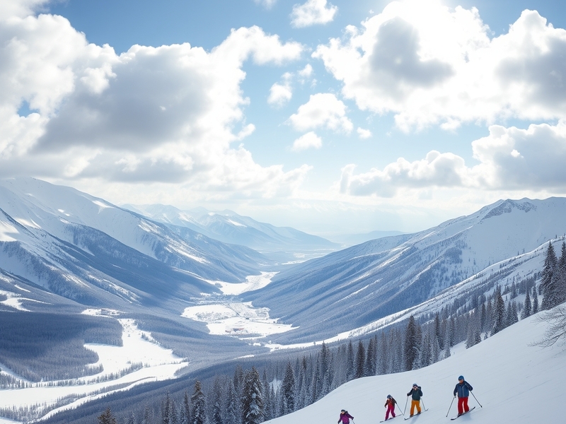 A stunning landscape of snow-covered mountains in Utah, with skiers enjoying the slopes under a clear blue sky.