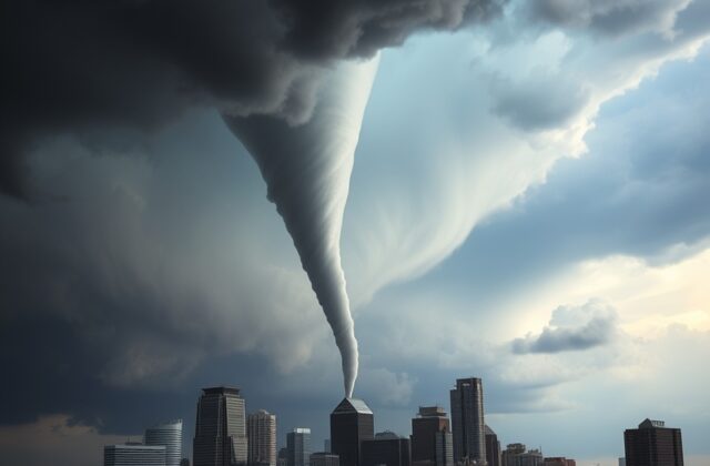 A dramatic image of a tornado forming over Kansas City, showcasing dark storm clouds and swirling winds, with a sense of urge