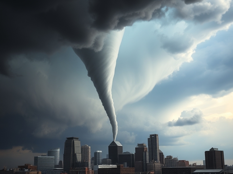 A dramatic image of a tornado forming over Kansas City, showcasing dark storm clouds and swirling winds, with a sense of urge