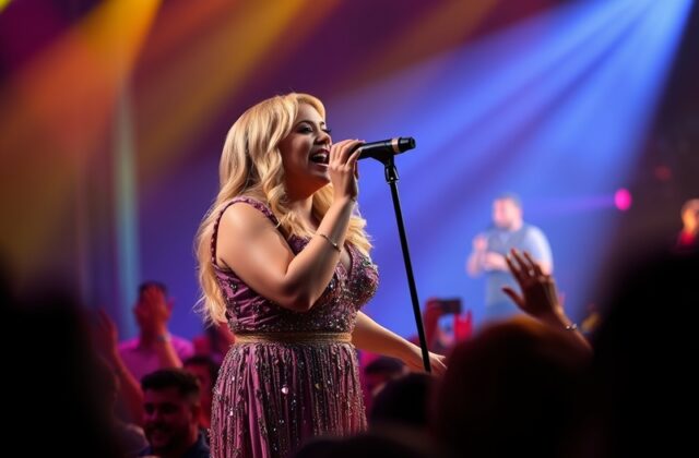A vibrant image of Kelly Clarkson performing live, showcasing her dynamic stage presence, with colorful stage lights and an e