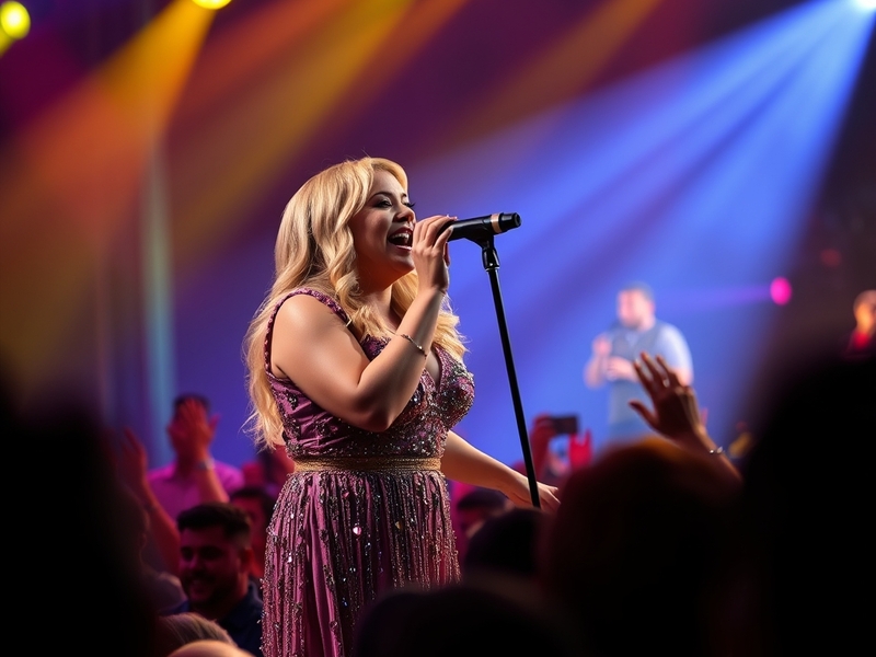 A vibrant image of Kelly Clarkson performing live, showcasing her dynamic stage presence, with colorful stage lights and an e