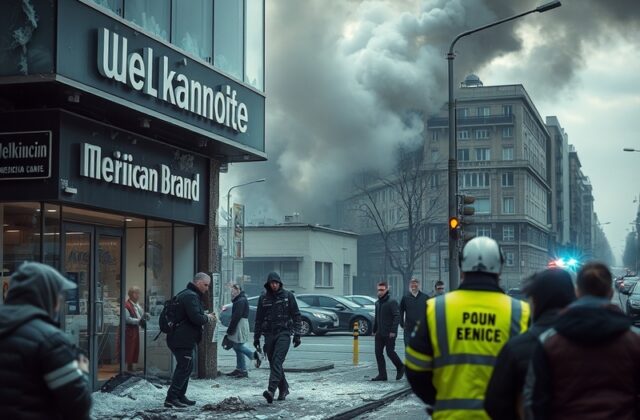 A somber scene depicting the aftermath of a strike on a commercial building in Ukraine, with smoke rising and emergency respo