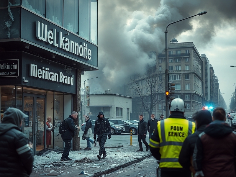 A somber scene depicting the aftermath of a strike on a commercial building in Ukraine, with smoke rising and emergency respo
