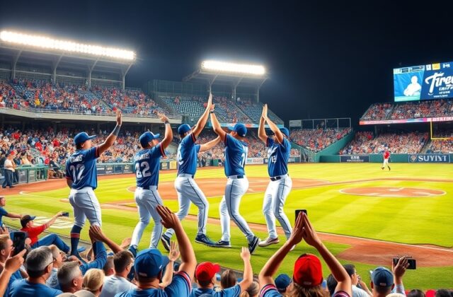 A dynamic image of the Guardians celebrating their victory, with players high-fiving and fans cheering in the stands.