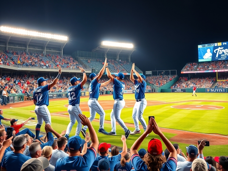 A dynamic image of the Guardians celebrating their victory, with players high-fiving and fans cheering in the stands.