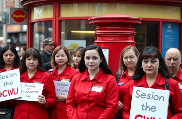 An image depicting Royal Mail workers in action, highlighting the bustling environment of a post office with staff engaged in